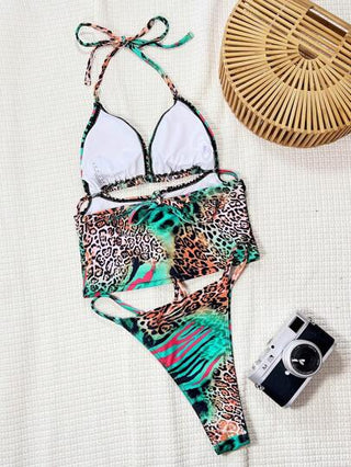 طقم تانكيني حريمي Swim SXY بكيني للنساء بطبعة جلد النمر ، ذو أربطة حول الرقبة وجذاب