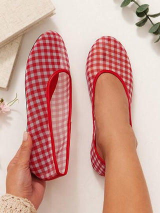 SHUZIA حذاء نسائي شبكي مسطح قماش مربعات بسيط أنثوي أحلامي مريح للاستخدام اليومي باللون الأحمر