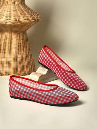 SHUZIA حذاء نسائي شبكي مسطح قماش مربعات بسيط أنثوي أحلامي مريح للاستخدام اليومي باللون الأحمر