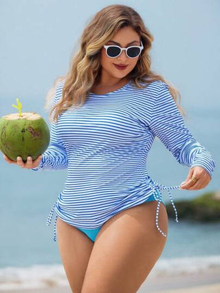 Swim Lushoire مجموعة من قطعتين لملابس السباحة للنساء ذوات الأحجام الكبيرة، بنقوش مخطط، ذات أكمام طويلة وخصر مجمع مع تحكم في البطن ، موضة راقية وملابس كاجوال للرحلات