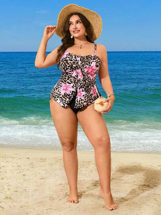 Swim Lushoire بودي بيكيني مطبوع بنقشة النمر والزهور وأشرطة قابلة للإزالة، بقياسات كبيرة للنساء، ملابس سباحة للعطلات
