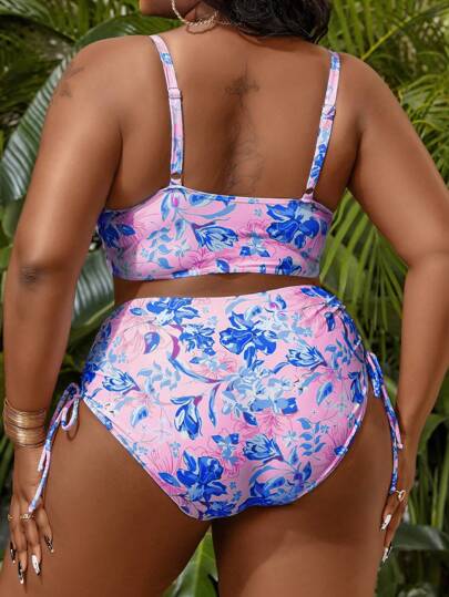 SHEIN Swim Curve بيكيني بكأس منسوج للنساء بطبعات عشوائية مع حمالة قابلة للإزالة وحجم كبير