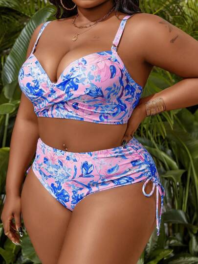 SHEIN Swim Curve بيكيني بكأس منسوج للنساء بطبعات عشوائية مع حمالة قابلة للإزالة وحجم كبير