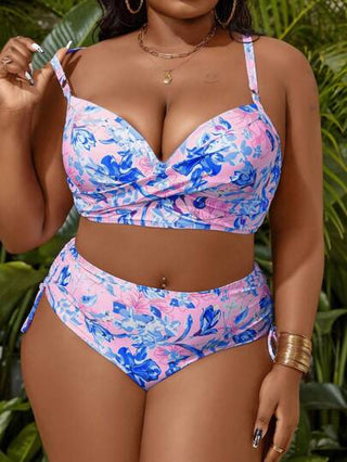 SHEIN Swim Curve بيكيني بكأس منسوج للنساء بطبعات عشوائية مع حمالة قابلة للإزالة وحجم كبير