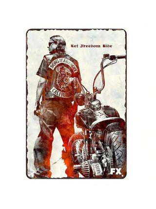 لوحة معدنية معتقة بشعار Sons Of Anarchy - ديكور حائطي ريفي للجراج والبار والمنزل والمطعم - ملصق معدني متين ذو طابع دراجات نارية رجعي، مثقوب مسبقًا للتعليق السهل، ديكور موسمي بدون ريش، لا يحتاج إلى طاقة