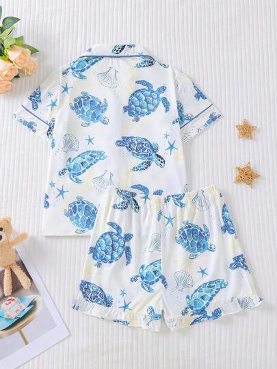 بيجاما مجموعتان من بيجامات الأطفال، طقم صيفي جديد من السترات القصيرة الكاجوال مطبوع عليها سلاحف البحر الزرقاء، قابل للغسل، ملابس بيجاما مناسبة للأطفال الكبار