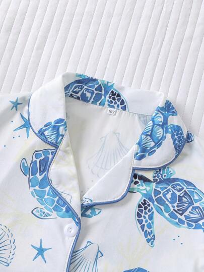 بيجاما مجموعتان من بيجامات الأطفال، طقم صيفي جديد من السترات القصيرة الكاجوال مطبوع عليها سلاحف البحر الزرقاء، قابل للغسل، ملابس بيجاما مناسبة للأطفال الكبار