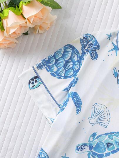 بيجاما مجموعتان من بيجامات الأطفال، طقم صيفي جديد من السترات القصيرة الكاجوال مطبوع عليها سلاحف البحر الزرقاء، قابل للغسل، ملابس بيجاما مناسبة للأطفال الكبار