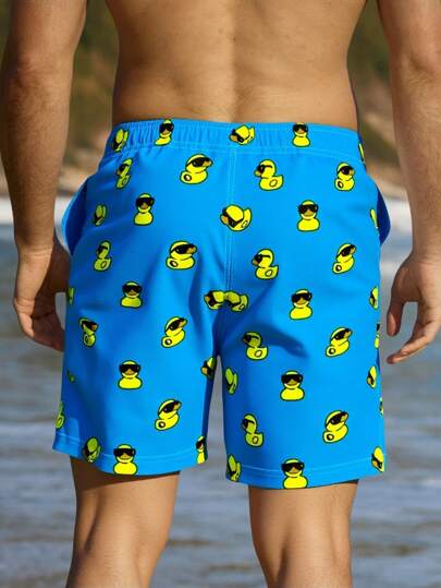 Manfinity VDAYZ بدلة سباحة رجالية قصيرة من بوليستر 1 قطعة ذات طبعة بط كاجوال، مع سير للشد، قماش منسوج غير مطاطي، بدلة سباحة صيفية بشكل متطابق لأطقم السباحة الرجالية، مطبوع على الطريقة الهاوائية