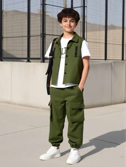 مجموعة 3 قطع للأولاد المراهقين: سترة بياقة و تي شيرت بأكمام قصيرة وبنطال كارجو جيب، موسم الربيع/الصيف