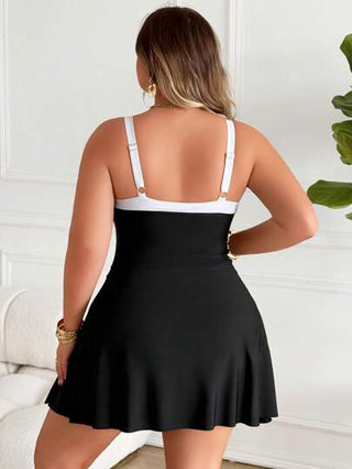 SHEIN CURVE+ ملابس سباحة قطعة واحدة مضلعة باللون الأحادي مع أربطة قابلة للتعديل والخصر العالي متصل بسروال السباحة، ملابس سباحة أنيقة وجذابة للسيدات في عطلة الشاطئ
