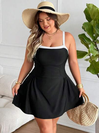 SHEIN CURVE+ ملابس سباحة قطعة واحدة مضلعة باللون الأحادي مع أربطة قابلة للتعديل والخصر العالي متصل بسروال السباحة، ملابس سباحة أنيقة وجذابة للسيدات في عطلة الشاطئ