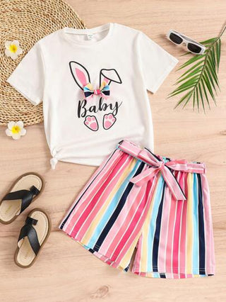 girls-sets مجموعتان من تي شيرت كم قصير وبنطال ذو خطوط ملونة مع خيط للفتيات بعمر المراهقة، بتصميم أذن أرنب وفيونكة كيوت، مناسب لفصلي الربيع والصيف