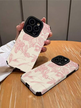 حافظة هاتف ناعمة سيليكونية مضادة للصدمات بتصميم شرائط عمودية وبنقش زهور وداخل قماش جلدي زهري معمول باليد متوافقة مع Apple, S16/S16 Plus/S16 Pro/S16 Pro Max قطعة واحدة