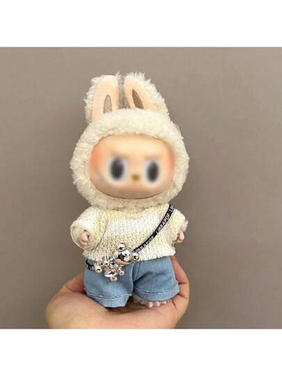 طقم ملحقات وملابس دمية لابوبو ذات قطعة واحدة مصنوعة من قماش مخملي، دمية فينيل بمقاس 17 سم مع تي شيرت كاجوال، وبنطلون، وحقيبة صغيرة للحمل عبر الجسم