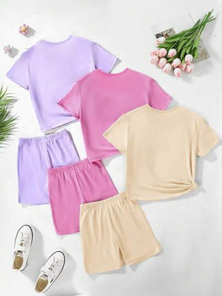 girls-sets 3 طقم بنات أطفال الجاهزة للصيف بطباعة نمر ملون بشكل قلب وتيشرت كم قصير + شورت مجموعة للصيف
