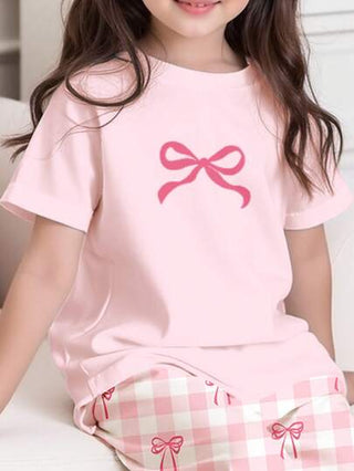 SHEIN طقم بيجامة للفتيات الصغيرات مكون من تي شيرت كاجوال واسع الرقبة مع بوصلة مربعة الأكمام القصيرة، وبنطال واسع الساق، مناسب للصيف