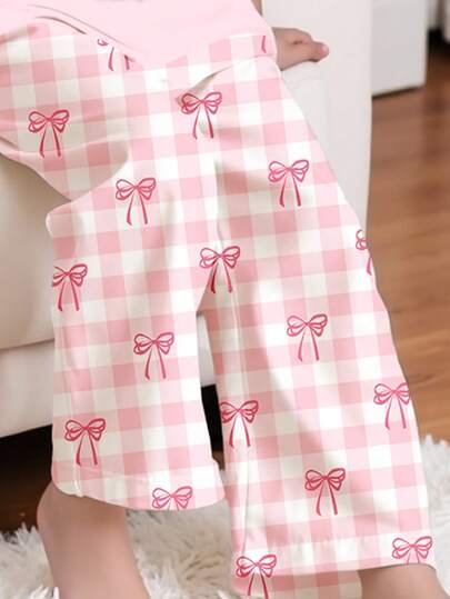 SHEIN طقم بيجامة للفتيات الصغيرات مكون من تي شيرت كاجوال واسع الرقبة مع بوصلة مربعة الأكمام القصيرة، وبنطال واسع الساق، مناسب للصيف