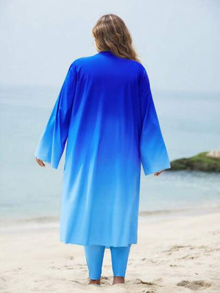 Swim Shayni طقم ثوب نسائي كامل مقاس كبير فضفاض ومريح، متكون من فستان ماكسي بأكمام طويلة مطبوع بطبعة أومبير وبنطال خصر عالي، مجموعة ملابس للسباحة، موديل عصري للشاطئ لمنطقة الشرق الأوسط