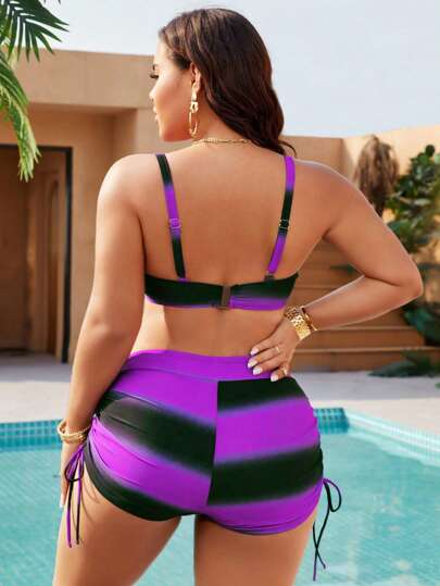 Swim Lushoire طقم ملابس سباحة 2 قطعة للنساء المقاس الكبير، فستان كاميا بطبعة معتدلة الألوان بياقة V، أكتاف عريضة مبطنة بوسادات وجزء علوي منفصل، أسلوب عطلات عفوي