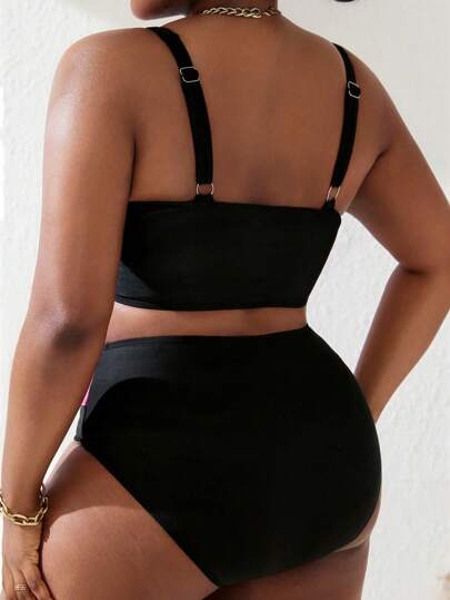 SHEIN Slayr CURVE بدلة سباحة من قطعتين ، ملابس سباحة للمرأة ذات حجم كبير، تفاصيل قصيرة باللون الأسود والوردي لقضاء عطلة الصيف على الشاطئ