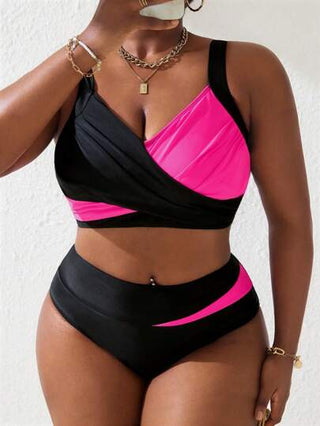 SHEIN Slayr CURVE بدلة سباحة من قطعتين ، ملابس سباحة للمرأة ذات حجم كبير، تفاصيل قصيرة باللون الأسود والوردي لقضاء عطلة الصيف على الشاطئ