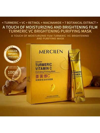 1 علبة قناع الوجه المرطب والمشدد بالكركم والفيتامين سي والريتينول 6 جرام * 10 قطع، يحتوي على الكولاجين وفيتامين ه- والنياسيناميد والسكوالين النباتي، للتنظيف العميق والترطيب والتشديد، يوحد لون البشرة ويصغر المسام، مناسب لجميع أنواع البشرة، ضروري للسفر