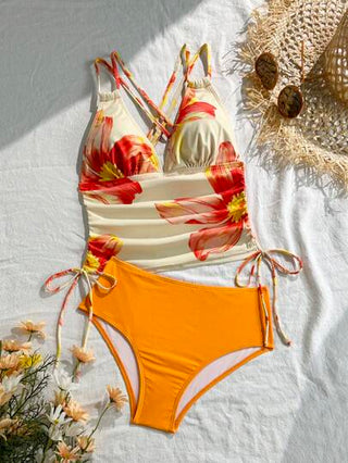 طقم تانكيني حريمي Swim Lushoire مجموعة بكيني نسائية من قطعتين ، فستان كاوي برباط كتفي مطبوع بياقة على شكل حرف V للاستخدام في العطلات والشاطئ