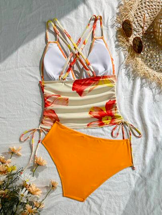 طقم تانكيني حريمي Swim Lushoire مجموعة بكيني نسائية من قطعتين ، فستان كاوي برباط كتفي مطبوع بياقة على شكل حرف V للاستخدام في العطلات والشاطئ
