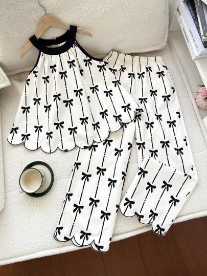 تيشيرتات بناتي طقم قميص بلا أكمام مع طيات على الياقة وبطبعة الفراشات، وبنطال ذو ساق واسعة، مجموعة مكونة من قطعتين للفتيات المراهقات