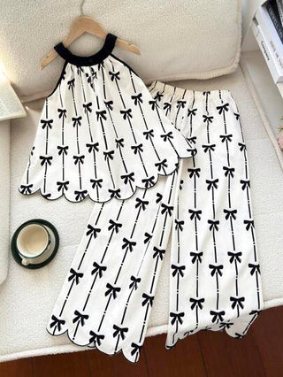 تيشيرتات بناتي طقم قميص بلا أكمام مع طيات على الياقة وبطبعة الفراشات، وبنطال ذو ساق واسعة، مجموعة مكونة من قطعتين للفتيات المراهقات