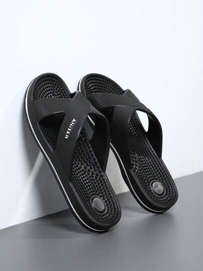 بيتي رجالي صيفي بسيط بلون سادة، مريح ذو بطانة مساج خفيف الوزن، مانع الانزلاق للحمام