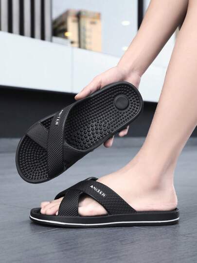 بيتي رجالي صيفي بسيط بلون سادة، مريح ذو بطانة مساج خفيف الوزن، مانع الانزلاق للحمام