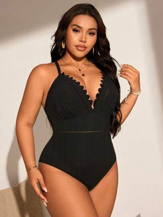 Swim Basics بدلة سباحة ذات قطعة واحدة بنمط مزهر ملمس مخطط ومقاس كبير، تصميم بسيط للاسترخاء على الشاطئ، صيف 2025