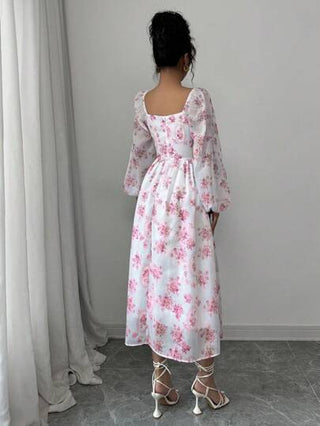 فساتين حريمي Modelyn العيد فستان شيفون طباعة زهرية أنيق على الطراز الفرنسي فساتين كاملة للإجازة والشاطئ للنساء