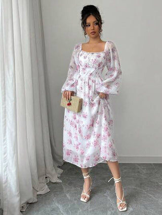 فساتين حريمي Modelyn العيد فستان شيفون طباعة زهرية أنيق على الطراز الفرنسي فساتين كاملة للإجازة والشاطئ للنساء