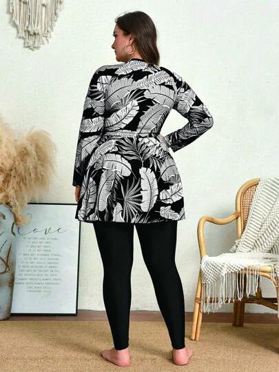 Swim Mulvari بدلة سباحة متواضعة مقاس كبير للسيدات مطبوعة بألوان عشوائية ، كم طويل بياقة دائرية مع سحاب، قطعة واحدة متناسقة ولائقة للعطل