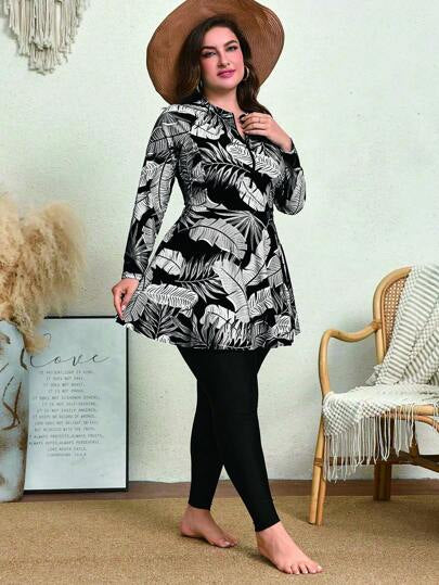 Swim Mulvari بدلة سباحة متواضعة مقاس كبير للسيدات مطبوعة بألوان عشوائية ، كم طويل بياقة دائرية مع سحاب، قطعة واحدة متناسقة ولائقة للعطل