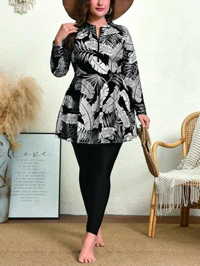 Swim Mulvari بدلة سباحة متواضعة مقاس كبير للسيدات مطبوعة بألوان عشوائية ، كم طويل بياقة دائرية مع سحاب، قطعة واحدة متناسقة ولائقة للعطل