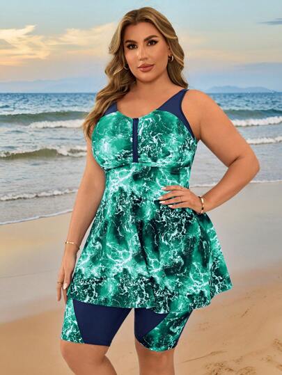 SHEIN Swim Curve طقم بكيني صبغ التعادل للنساء المقاسات الكبيرة، توب كميسول للسباحة للشاطئ