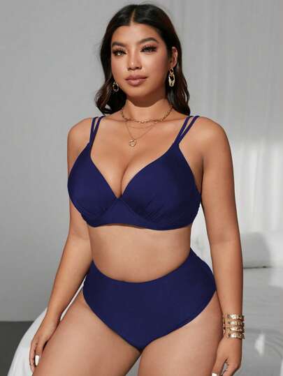 SHEIN Swim Curve طقم بذلة سباحة للمرأة ذات الحجم الكبير، قطعتين بخصر عالي وسلك داخلي مُبطن، بألوان سادة، مع أشرطة قابلة للتعديل ، أنيقة وعصرية وجذابة للاستخدام اليومي على الشاطئ