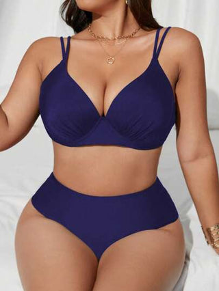 SHEIN Swim Curve طقم بذلة سباحة للمرأة ذات الحجم الكبير، قطعتين بخصر عالي وسلك داخلي مُبطن، بألوان سادة، مع أشرطة قابلة للتعديل ، أنيقة وعصرية وجذابة للاستخدام اليومي على الشاطئ