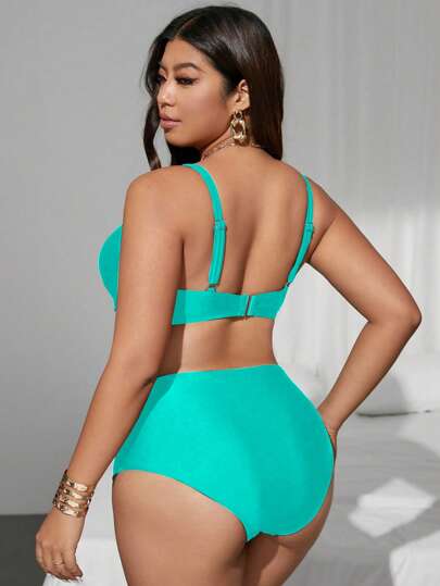 SHEIN Swim Curve طقم ملابس سباحة للنساء المقاسات الكبيرة، بلون واحد دعم الصدر، ملابس علوية تحت الرقبة وسروال بخصر مرتفع، قابل للتعديل، أنيق، عصري، جذاب، مناسب للاستخدام اليومي، الشاطئ، السباحة