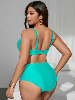 SHEIN Swim Curve طقم ملابس سباحة للنساء المقاسات الكبيرة، بلون واحد دعم الصدر، ملابس علوية تحت الرقبة وسروال بخصر مرتفع، قابل للتعديل، أنيق، عصري، جذاب، مناسب للاستخدام اليومي، الشاطئ، السباحة