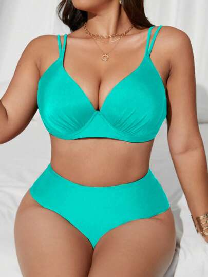 SHEIN Swim Curve طقم ملابس سباحة للنساء المقاسات الكبيرة، بلون واحد دعم الصدر، ملابس علوية تحت الرقبة وسروال بخصر مرتفع، قابل للتعديل، أنيق، عصري، جذاب، مناسب للاستخدام اليومي، الشاطئ، السباحة