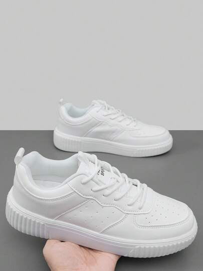 أحذية رياضة كاجوال بنمط أربطة مرنة من 36 إلى 45، أحذية بيضاء أنيقة وبسيطة، أحذية متعددة الاستخدامات مريحة وسهلة لارتداء الطلاب، مقاومة للانزلاق والتآكل