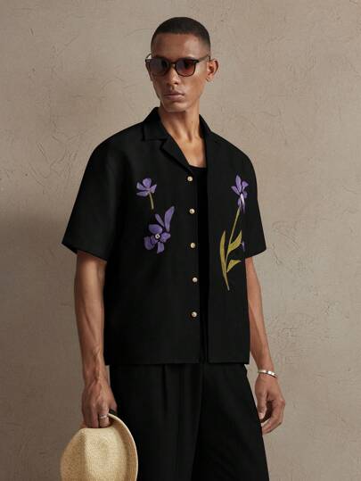 AKNOTIC Business Casual قميص كاجوال منفرد الصدر مطرز بنقوش زهرية فضفاض للرجال، مناسب للربيع/الصيف، اليومي، العطلات، حفلات الزفاف، أزواج، المدرسة