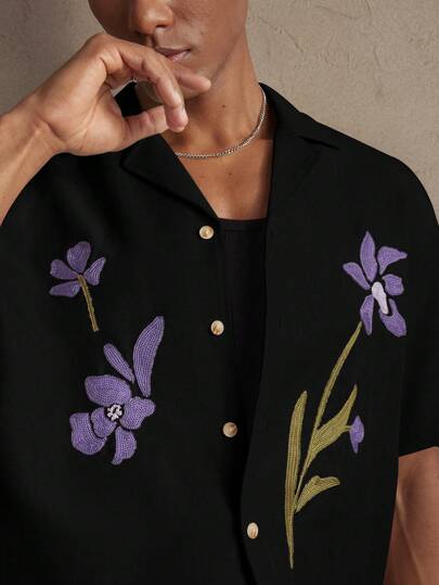 AKNOTIC Business Casual قميص كاجوال منفرد الصدر مطرز بنقوش زهرية فضفاض للرجال، مناسب للربيع/الصيف، اليومي، العطلات، حفلات الزفاف، أزواج، المدرسة