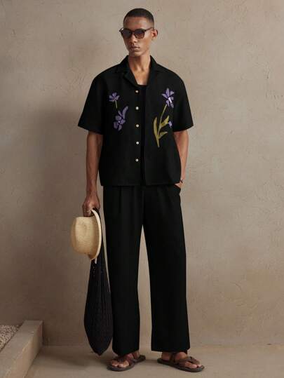 AKNOTIC Business Casual قميص كاجوال منفرد الصدر مطرز بنقوش زهرية فضفاض للرجال، مناسب للربيع/الصيف، اليومي، العطلات، حفلات الزفاف، أزواج، المدرسة