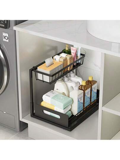 رف مطبخ ضمن الحوض منصة معدنية تحرك ممعدنية ستانلس ستيل من طبقتين، كبير السعة لتخزين المطابخ والحمامات، مقاوم للصدأ، منظم خزانة، تخزين مواد التنظيف، منظم حوض غسيل، موفر للمساحة